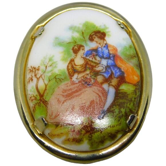 Unbranded Jewelry - Brooch Vintage Style Couple Scene Transfer Acrylic Gold Tone Women’s Fashion